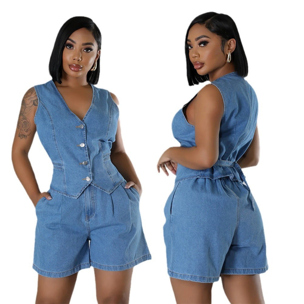 Fashion Casual Sleeveless High Waist Women's Denim Shorts Suit ARZ