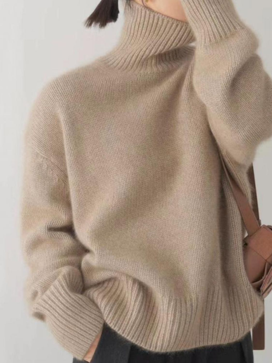 Turtleneck Dropped Shoulder Long Sleeve Sweater Trendsi