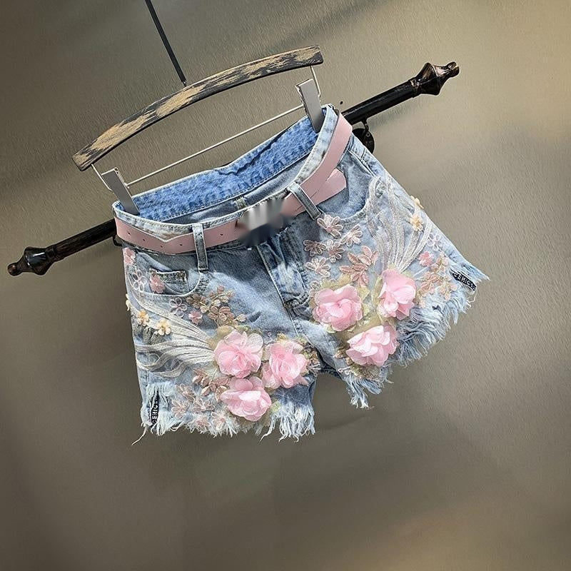 New Embroidery Beads Loose Straight Denim Shorts Women ARZ