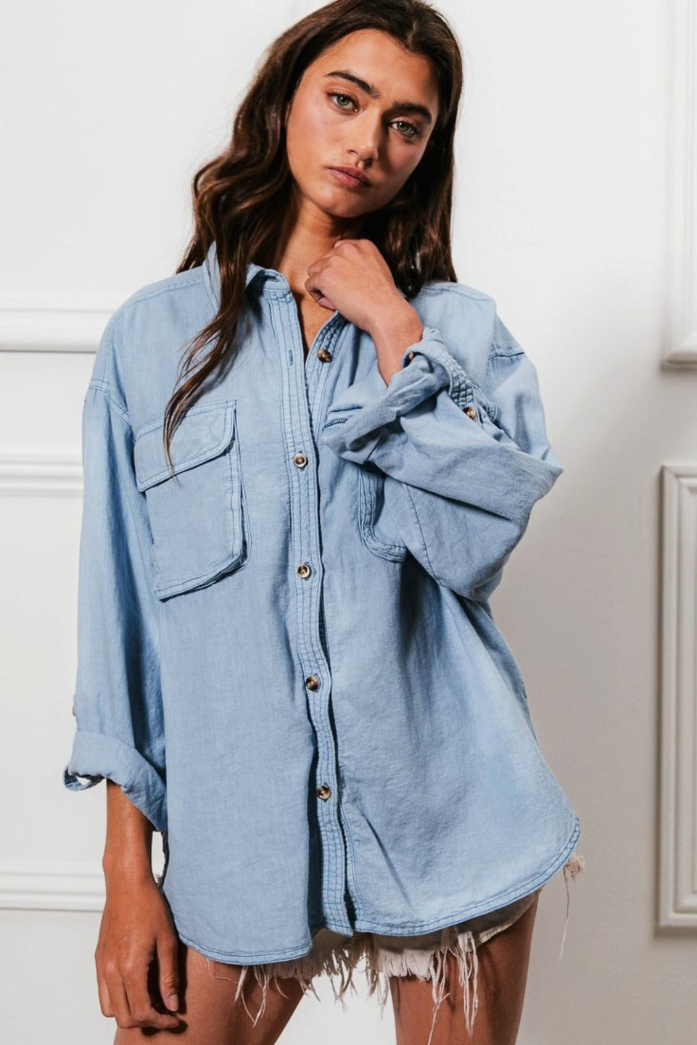 BiBi Button Down Stitch Detail Shirt with Chest Pockets Trendsi