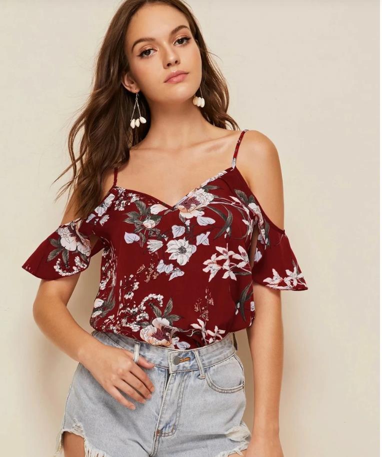 Women's Strapless Halter Chiffon Print Tank Top Loose With Sleeves Blouse Small Shirt ARZ