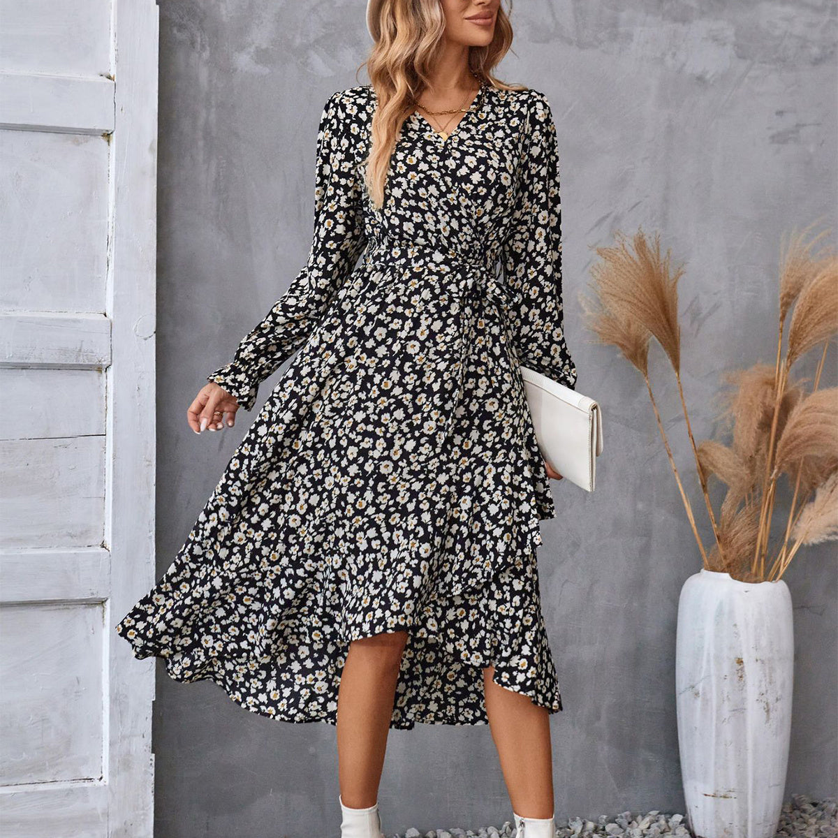 Flowers Print Long Sleeve Dress Fashion Ruffled Commuter Temperament Dresses Womens Clothing ARZ