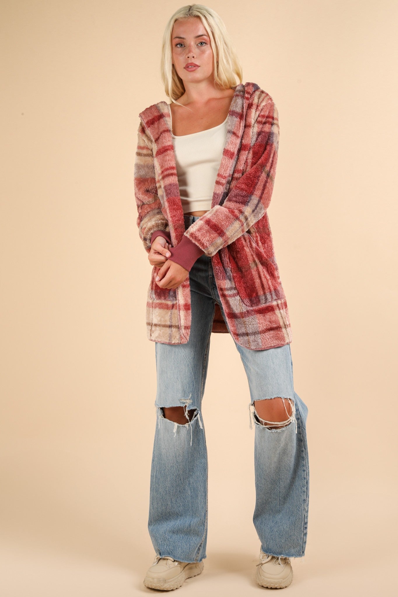 VERY J Fuzzy Plaid Long Sleeve Hooded Jacket Trendsi