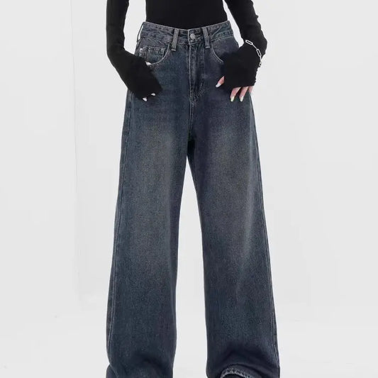 Retro Dark Blue Wide Leg Jeans Baggy Straight Trousers ARZ