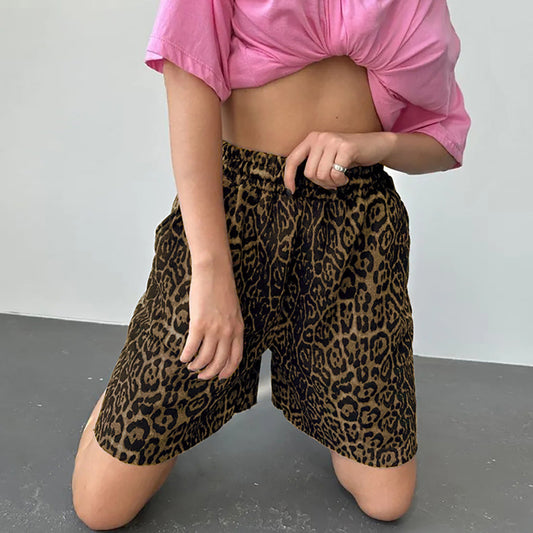 Women's Leopard Print Casual Pants Street Style High Waist Three-quarter Wide Leg Shorts ARZ