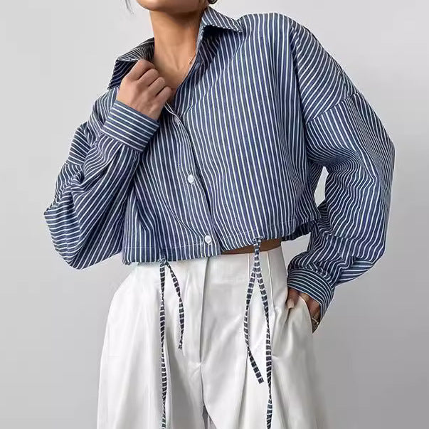 Long Sleeve Niche Cropped Striped Shirt Fashion ARZ