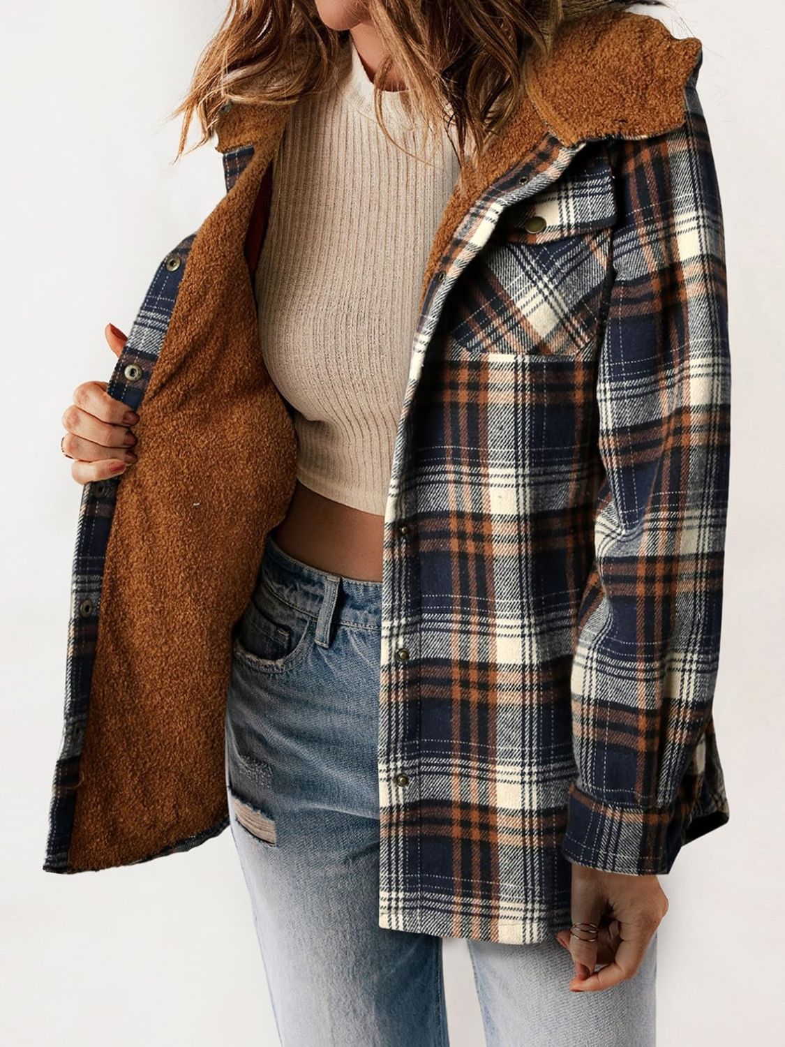 Plaid Snap Down Plush Hooded Jacket Trendsi