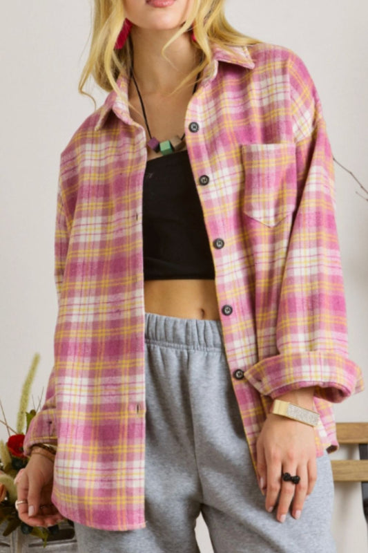 Plaid Collared Neck Button Up Shacket Trendsi