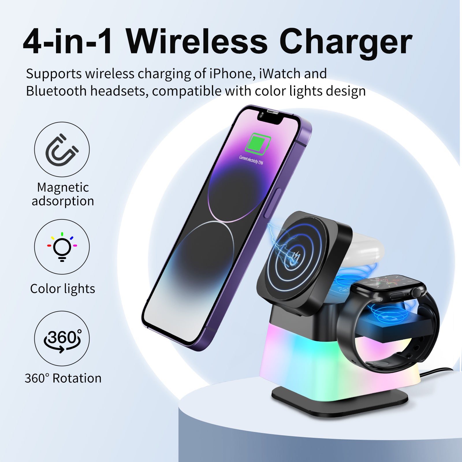 4 In 1 Rotatable Colorful Lighting Wireless Charger Stand For Phone 15 14 13 12 Pro Max 8 7 Holder Magnetic Fast Charging Station ARZ