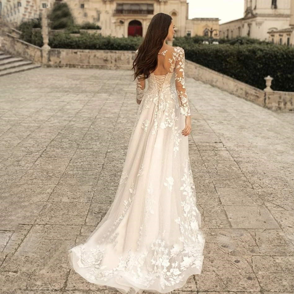 Long Sleeve Wedding Dress Mori Style Bridal Simple Round Neck ARZ