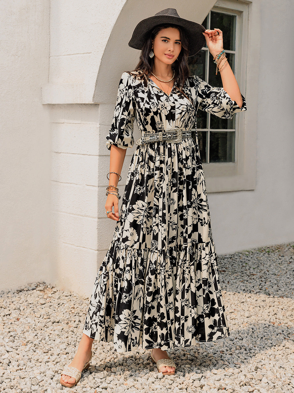 Smocked Printed Tie Neck Long Sleeve Dress Trendsi