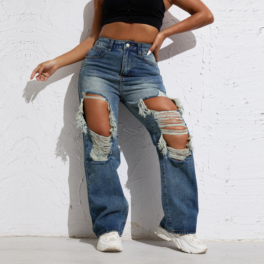 Shascullfites Melody Blue Wash Ripped Retro Stright Leg Jeans Women's Pants Denim Pants Jeans Wide Streetwear ARZ