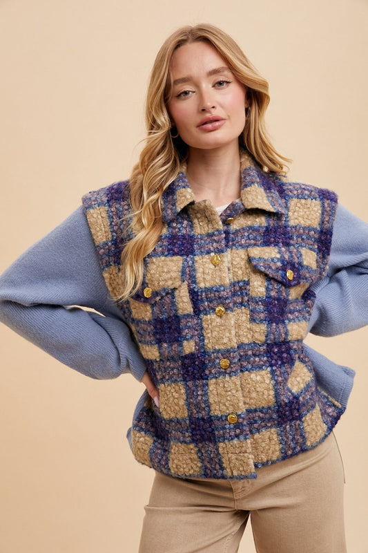 Annie Wear Faux Fur Plaid Button Up Jacket Trendsi