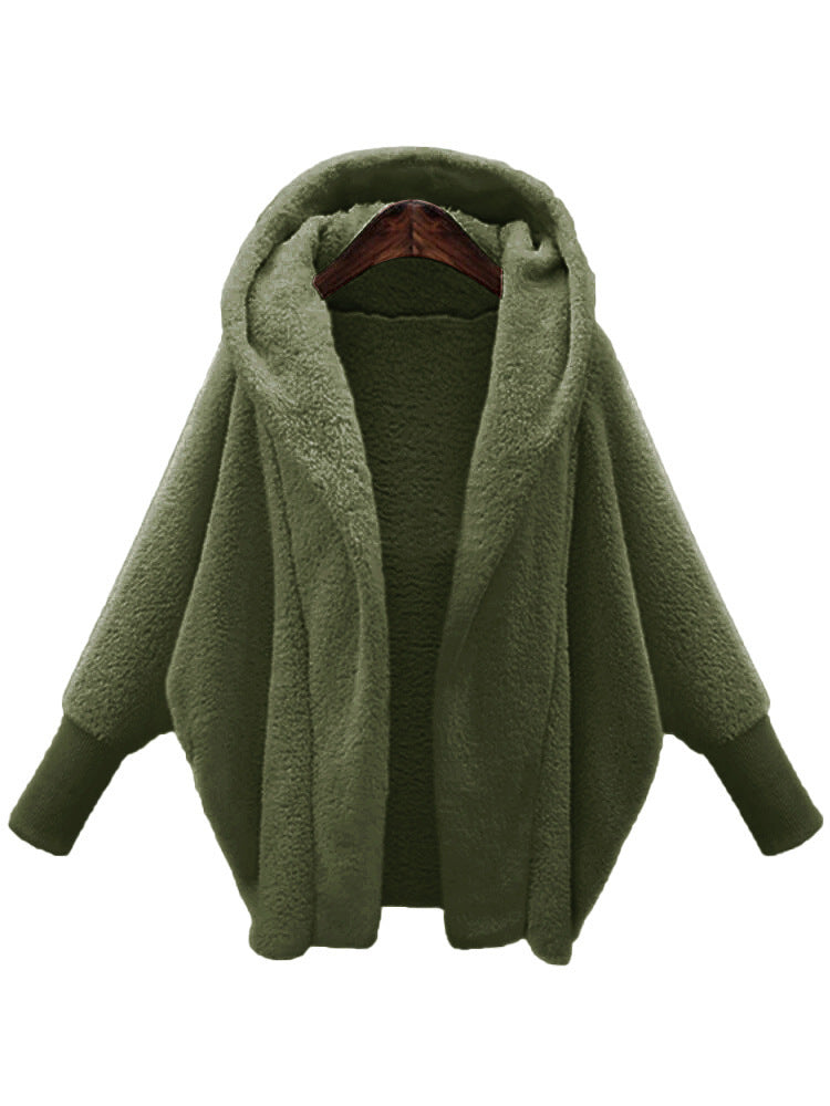 European And American Women's Clothing Solid Color Long Sleeve Hooded Loose Plush Coat ARZ