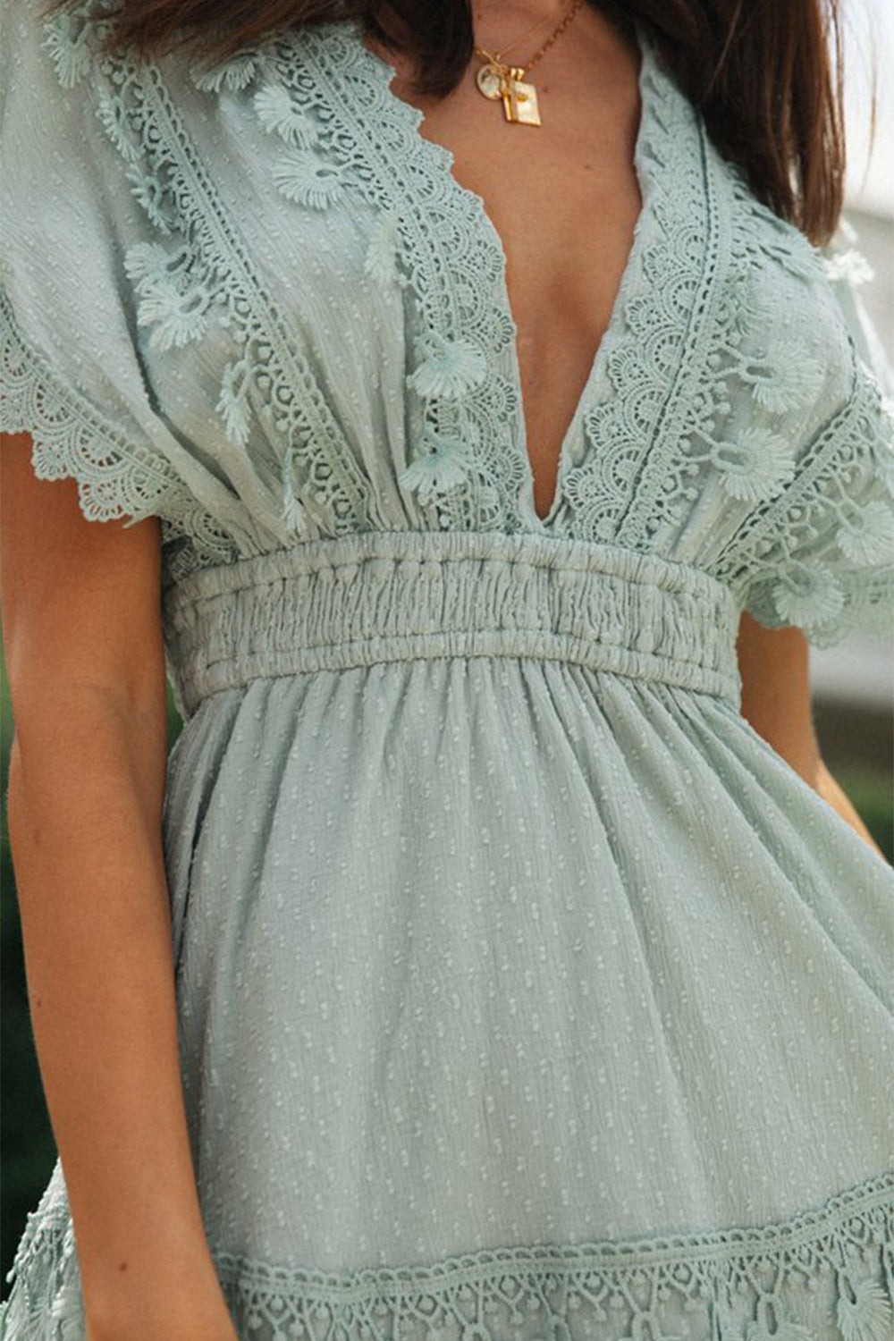 Lace Detail Plunge Short Sleeve Mini Dress Trendsi