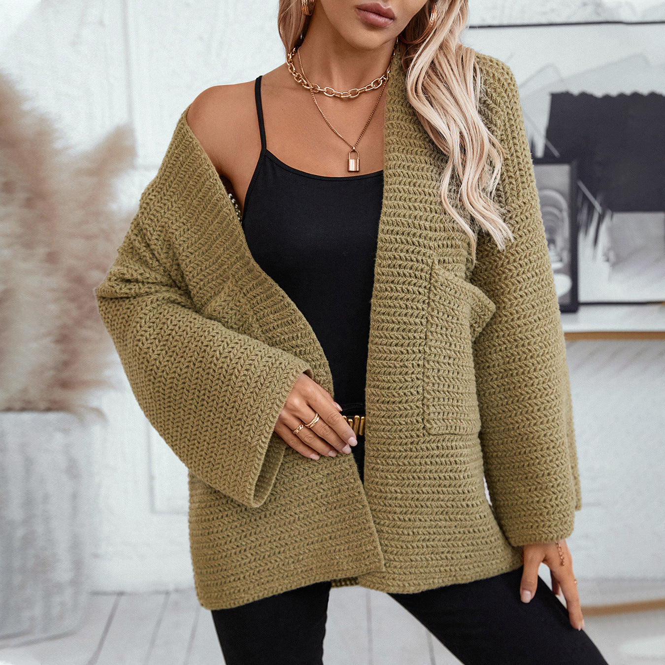 Open Front Long Sleeve Cardigan Trendsi