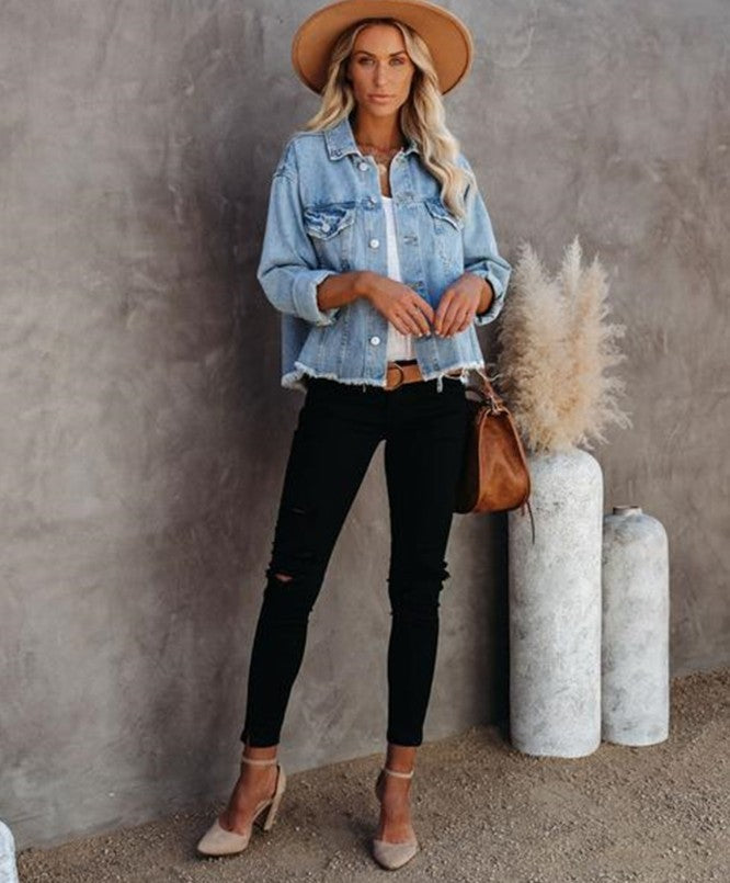 Denim  Loose Frayed Short Jacket ARZ