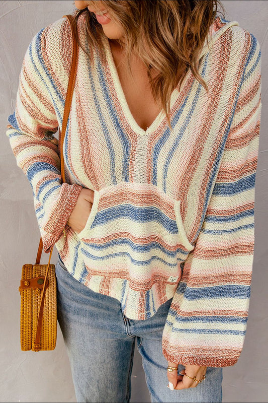 Contrast Striped Dropped Shoulder Hooded Knit Top Trendsi