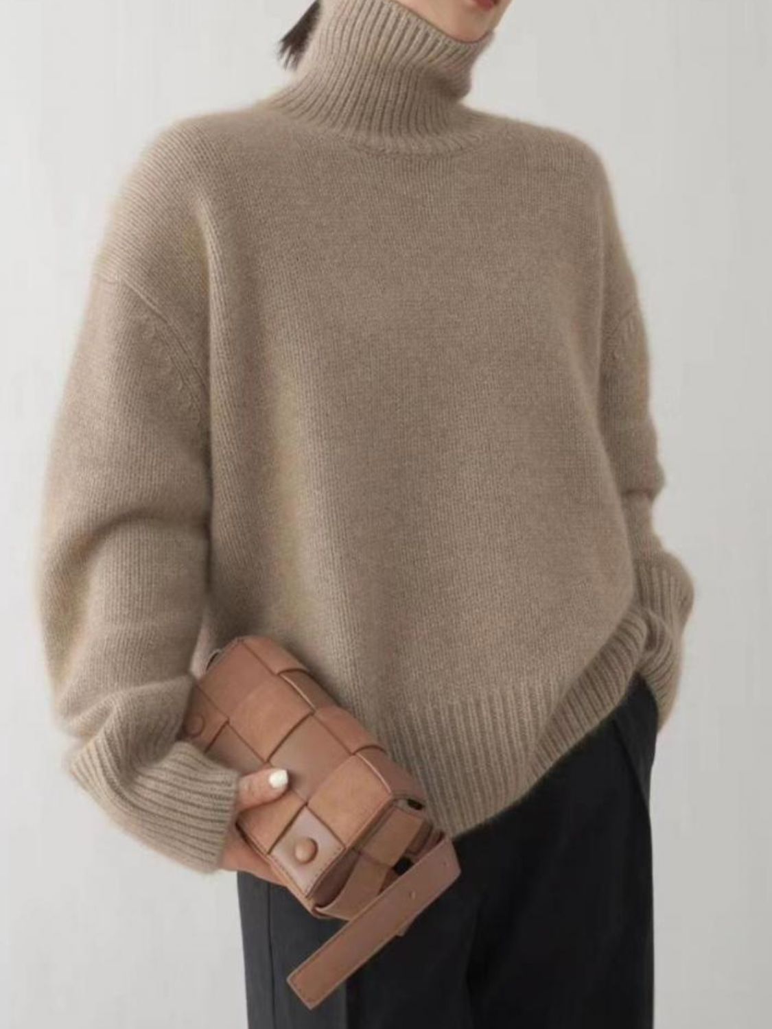 Turtleneck Dropped Shoulder Long Sleeve Sweater Trendsi