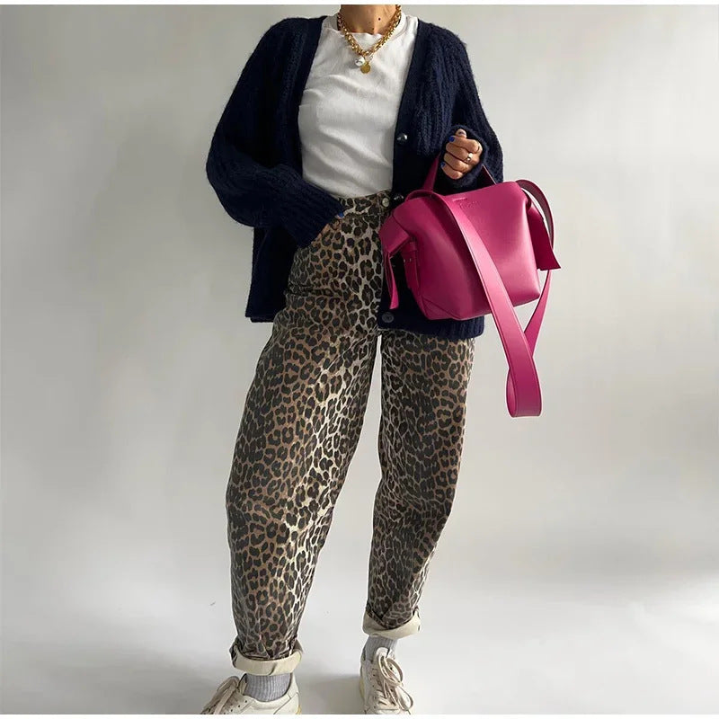 Women's New Leopard Print High Waist Casual Straight Pants ARZ