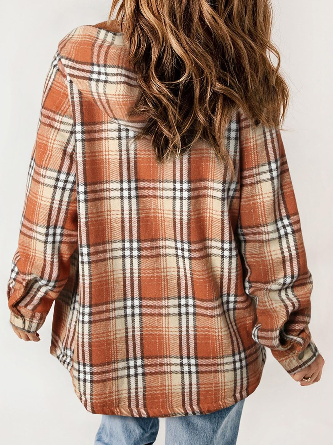 Plaid Snap Down Plush Hooded Jacket Trendsi