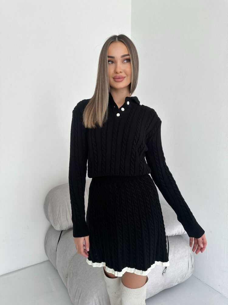 Long Sleeve Knitted Button Sweater Dress Suit Women ARZ