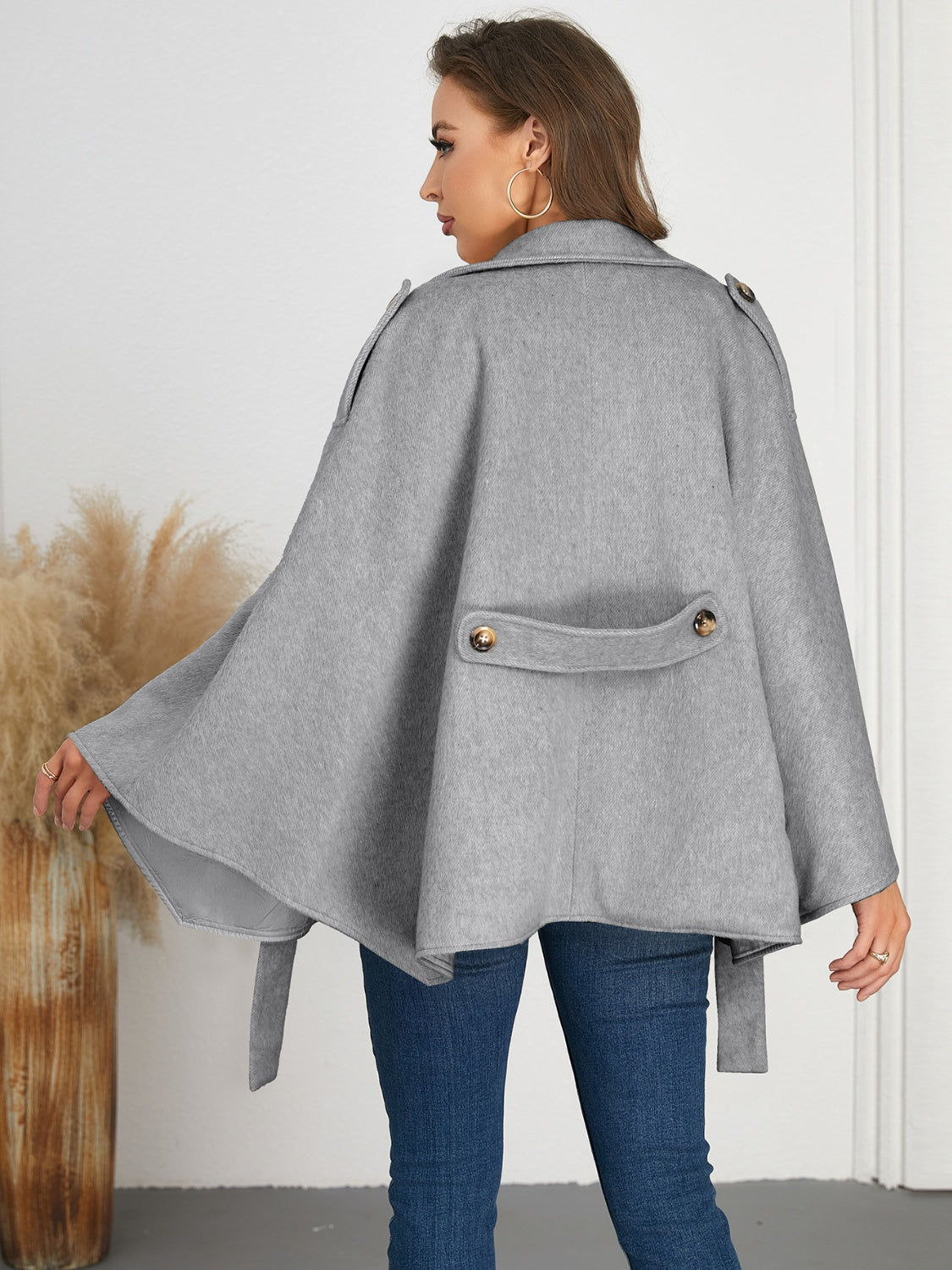 Double-Breasted Tie Waist Poncho Trendsi