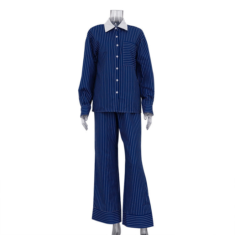 Polo Collar Stripes Shirt Casual Pants Suit ARZ