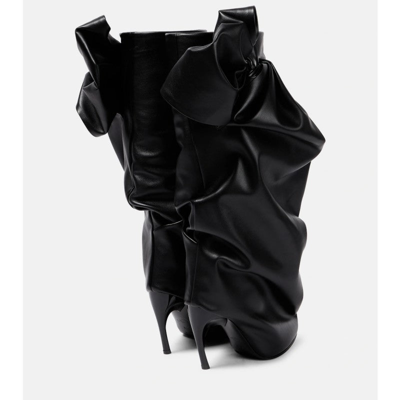 Black Bow Stitching Sleeve Pleated Special-shaped High Heel Women's Boots ARZ