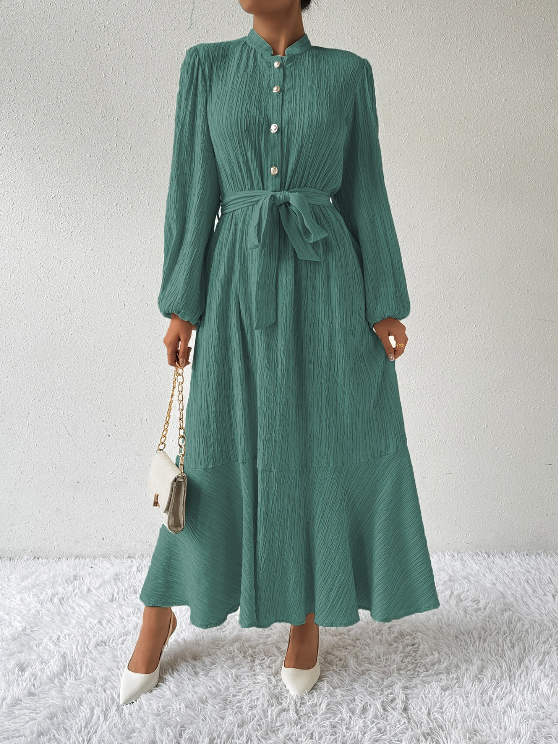 Honey Tie Waist Long Sleeve Dress Trendsi