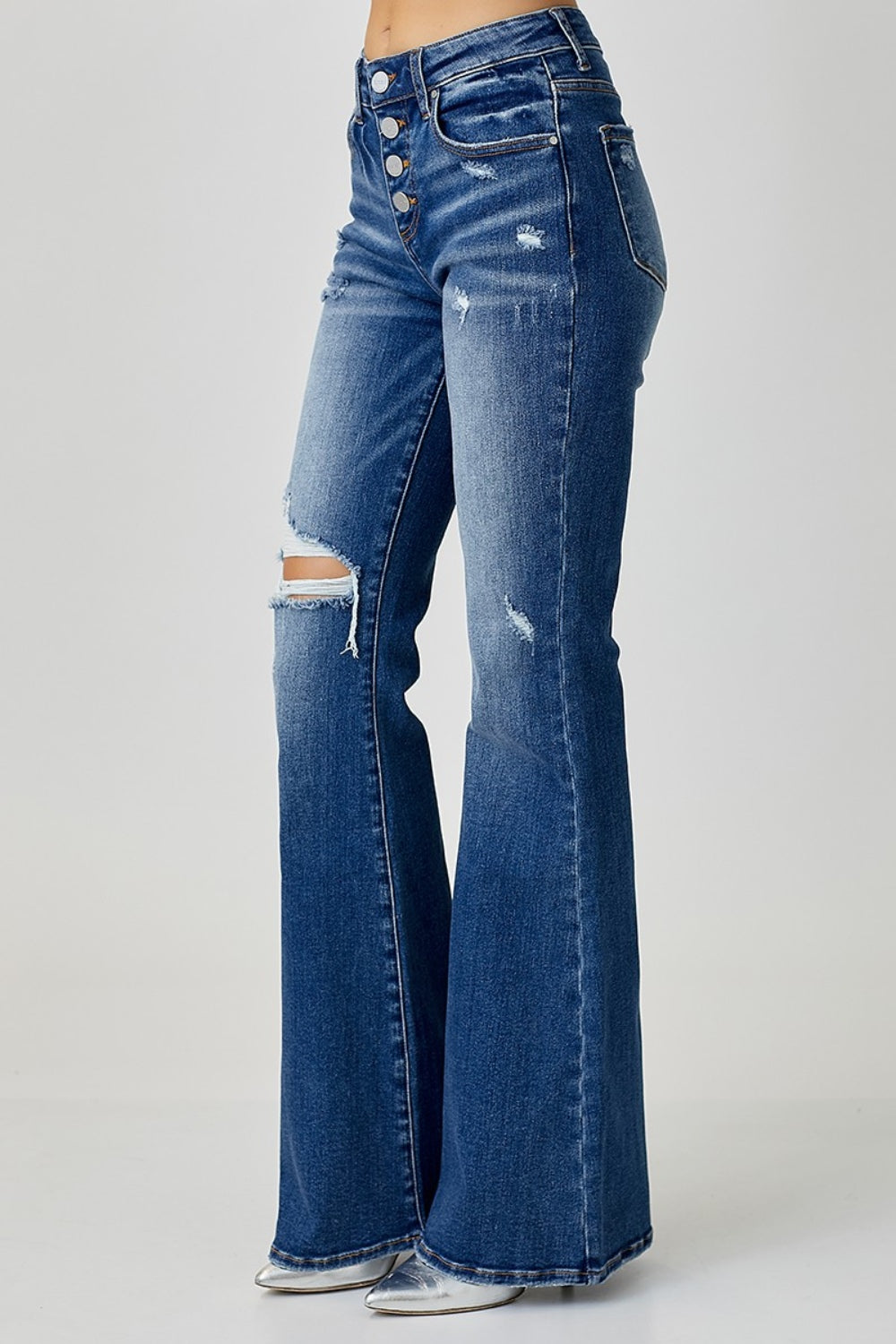 RISEN Distressed Button-Fly Flare Jeans Trendsi