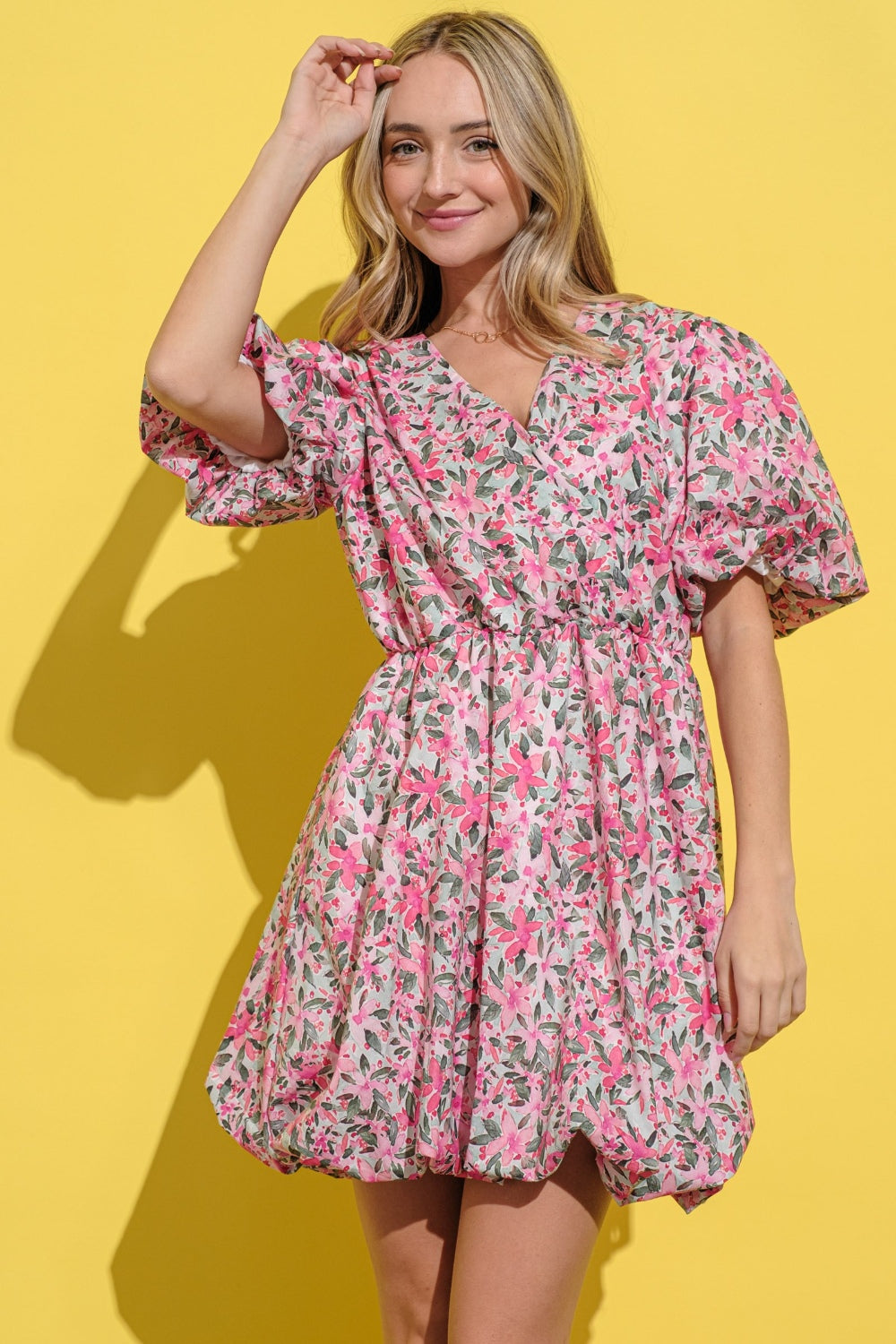 And The Why Full Size Floral Surplice Puff Sleeve Dress Trendsi