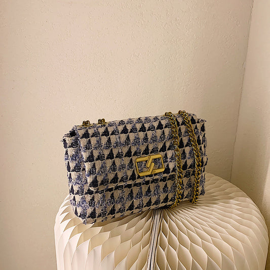 New Houndstooth Check Chain Woolen Retro Flap Crossbody Bag ARZ