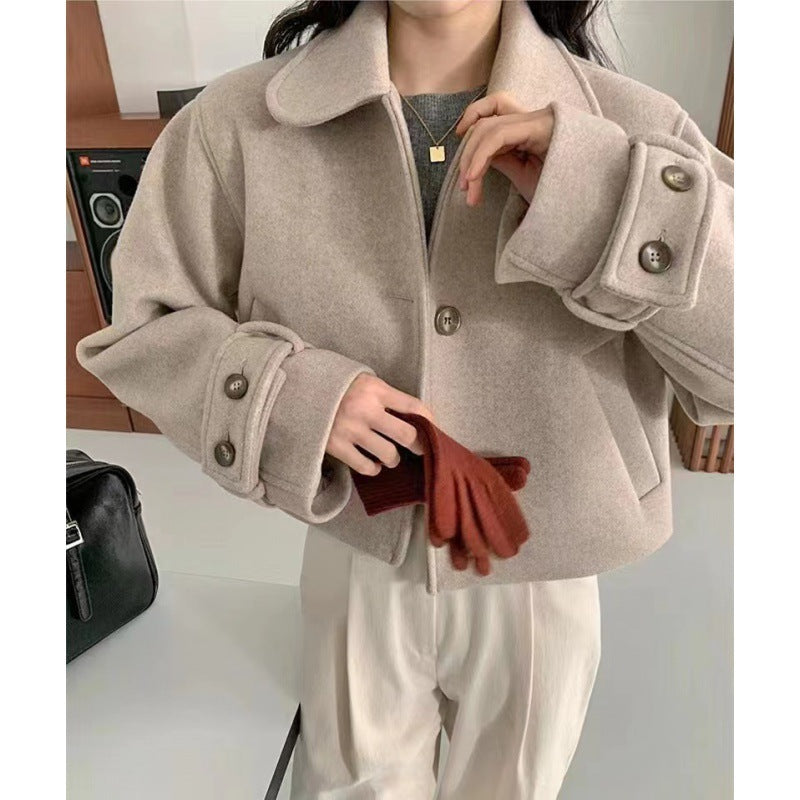 Retro Peter Pan Collar Single-breasted Loose All-match Solid Color Long-sleeved Woolen Coat ARZ