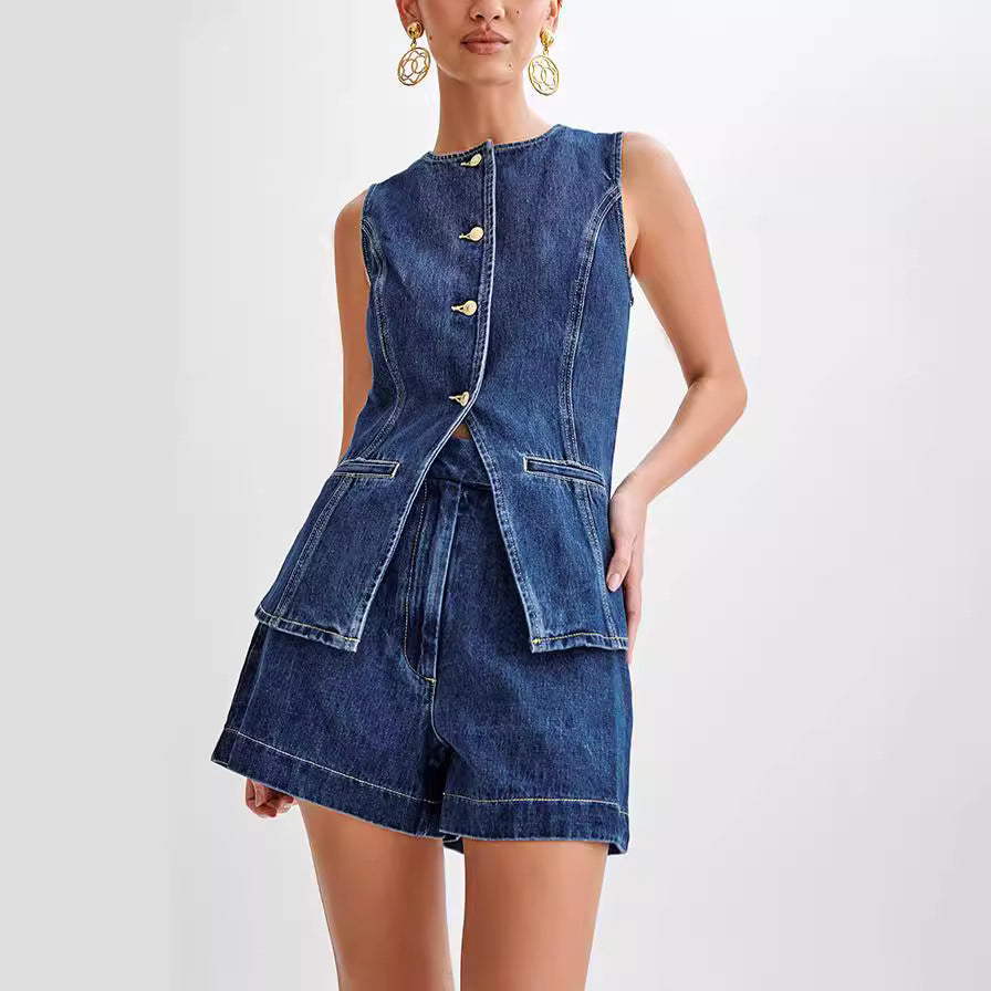 Fashion Denim Suit Summer Casual Sleeveless Button Vest Top And High Waist Shorts Set For Womens Clothing ARZ