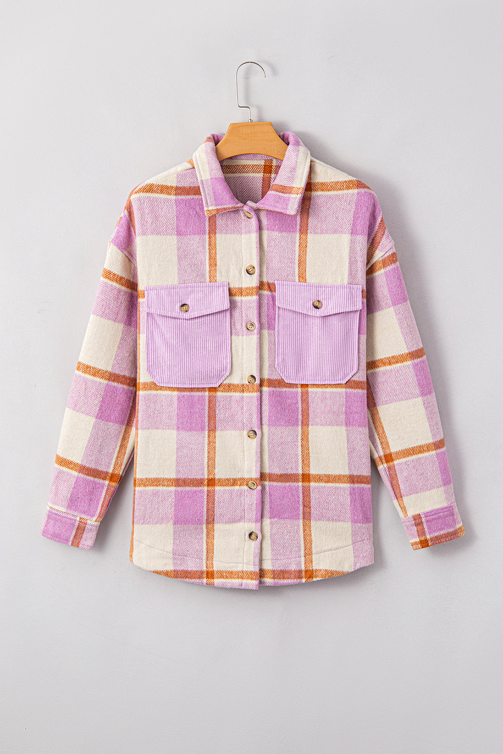 Plaid Corduroy Pockets Brushed Checkered Shacket Trendsi