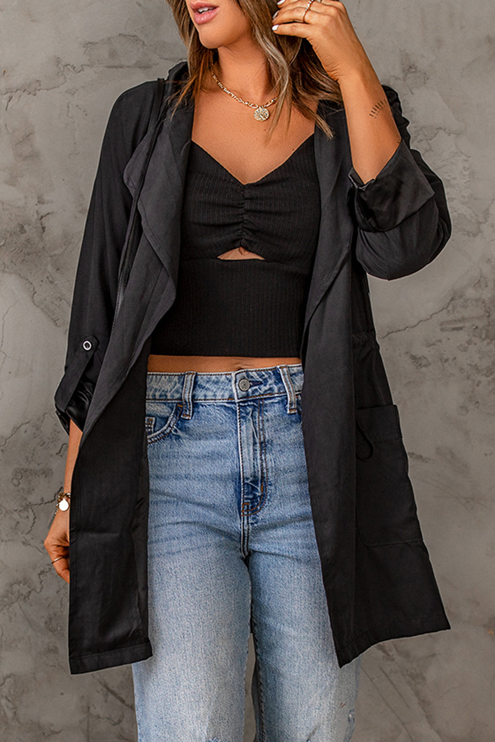 Double Take Drawstring Hooded Longline Jacket Trendsi