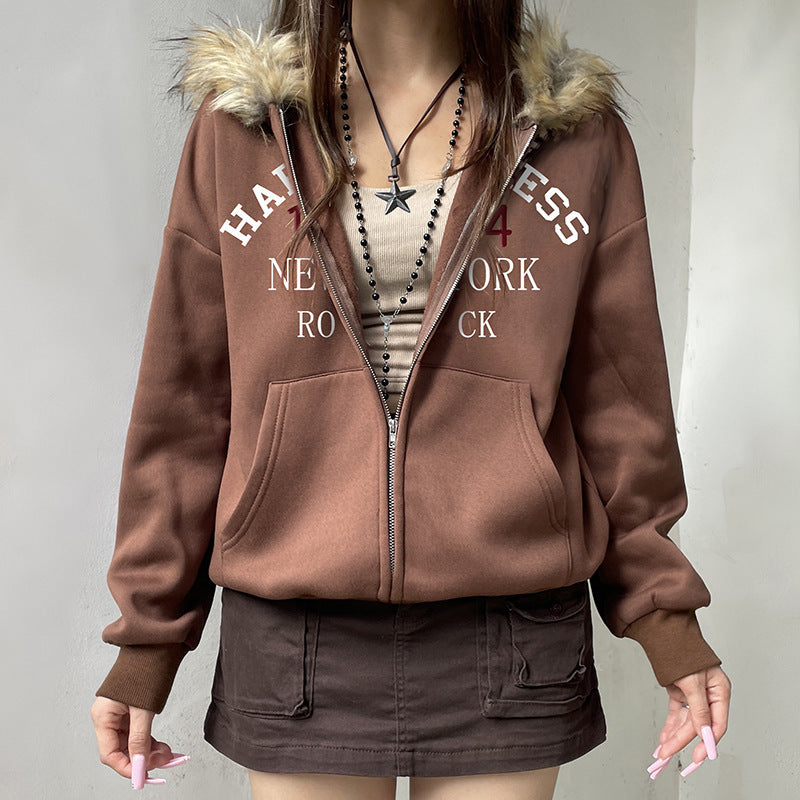 American Retro Fur Collar Hooded Zipper Sweatshirt ARZ