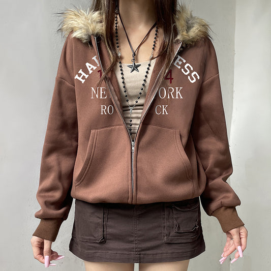 American Retro Fur Collar Hooded Zipper Sweatshirt ARZ