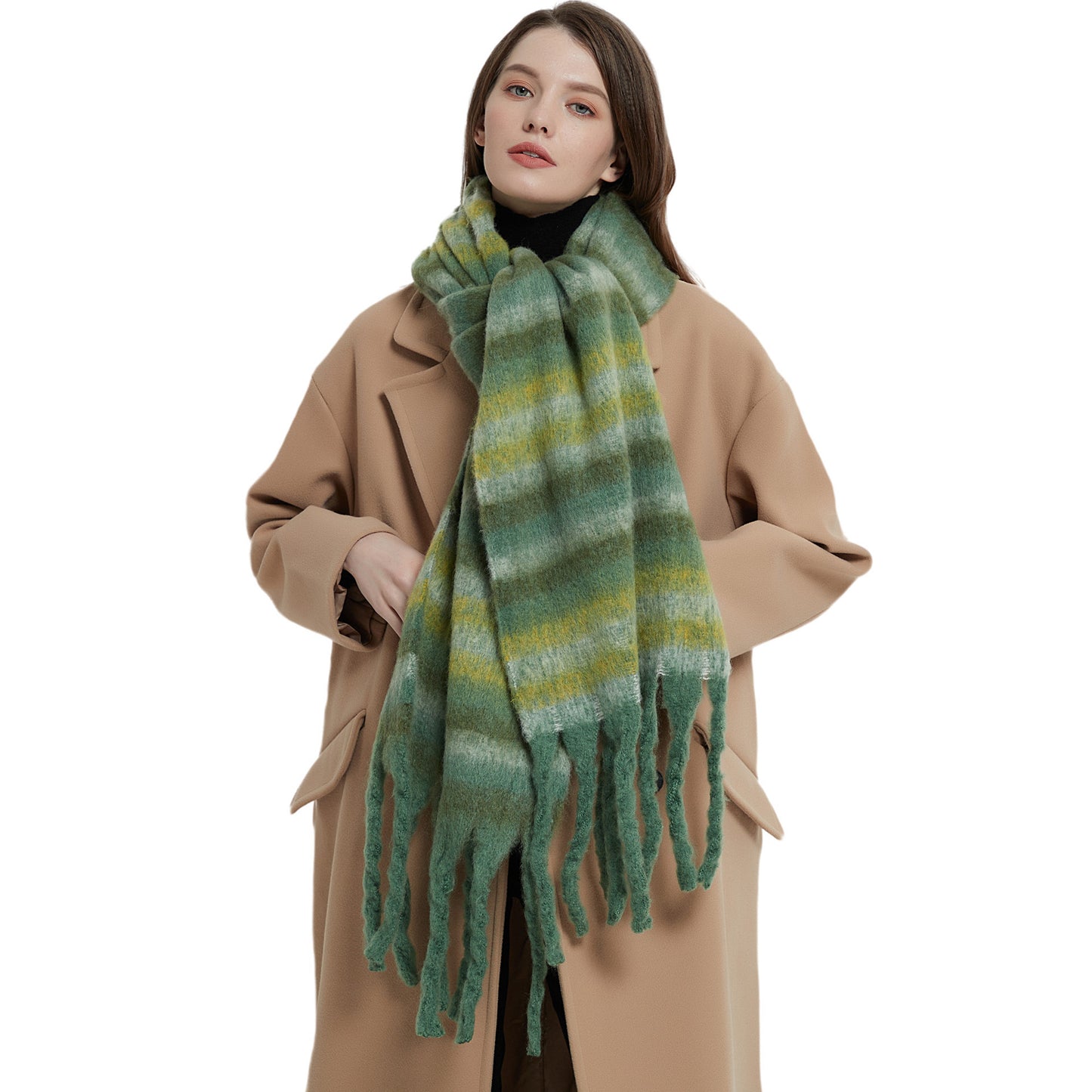 European And American Winter Thickened Circle Yarn Thick Braid Tassel Striped Scarf Shawl ARZ