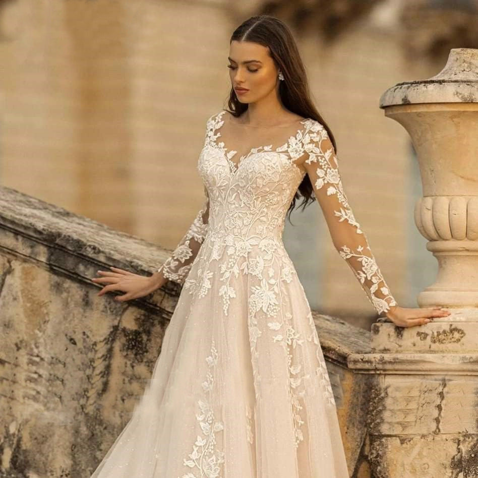 Long Sleeve Wedding Dress Mori Style Bridal Simple Round Neck ARZ