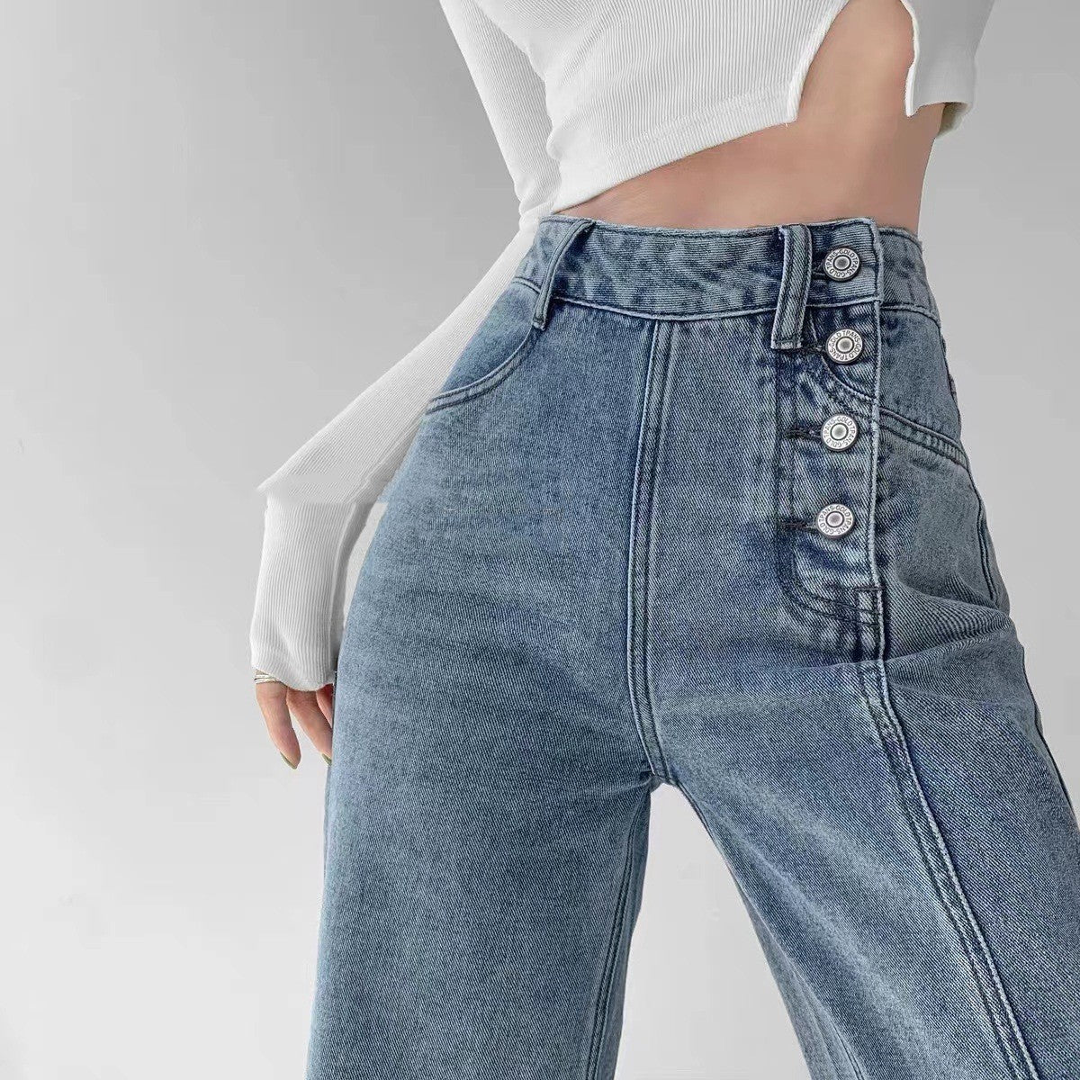 Irregular Breasted High Waist Jeans For Women Straight-leg Trousers ARZ