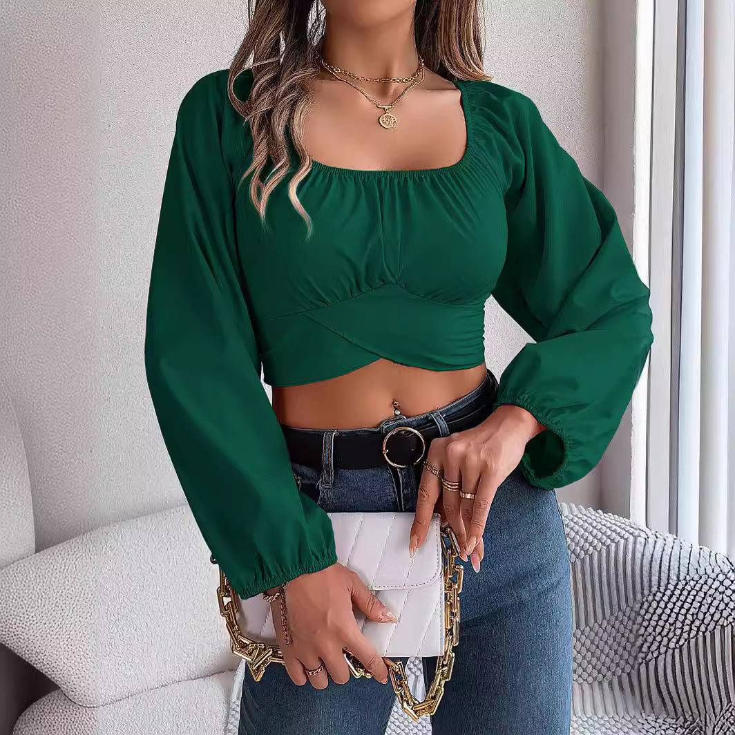 Leisure Lantern Sleeve Lace-up Waist Chiffon Shirt Midriff-baring Top ARZ