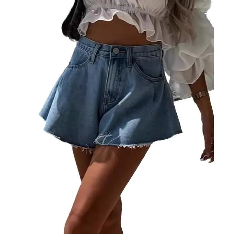 Ripped Denim Shorts Women's Wide Leg Fringe ARZ