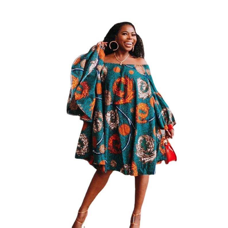 Temperament Commute Off-shoulder Bell Sleeve Printed Dress ARZ