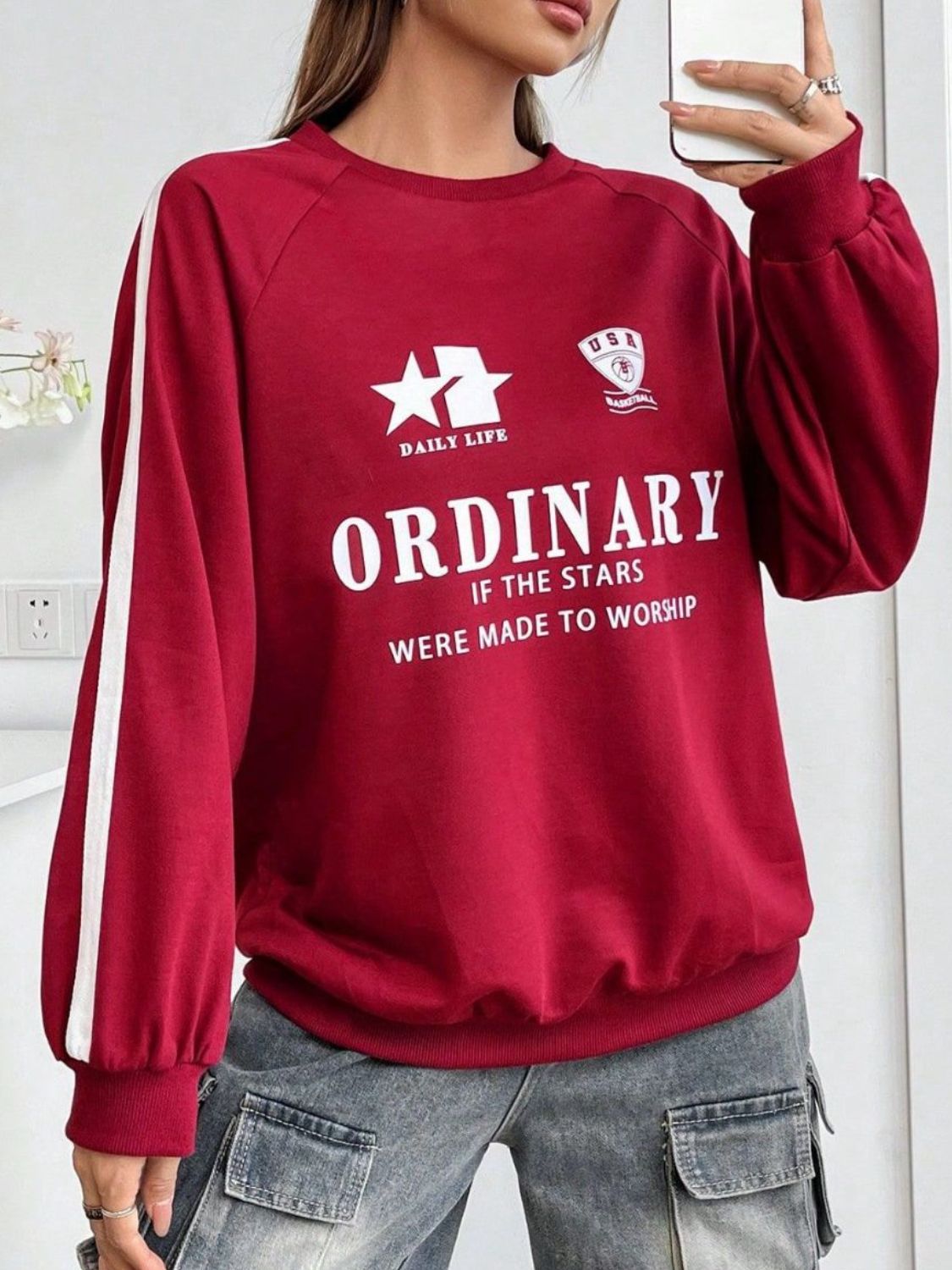 Letter Graphic Round Neck Long Sleeve Sweatshirt Trendsi