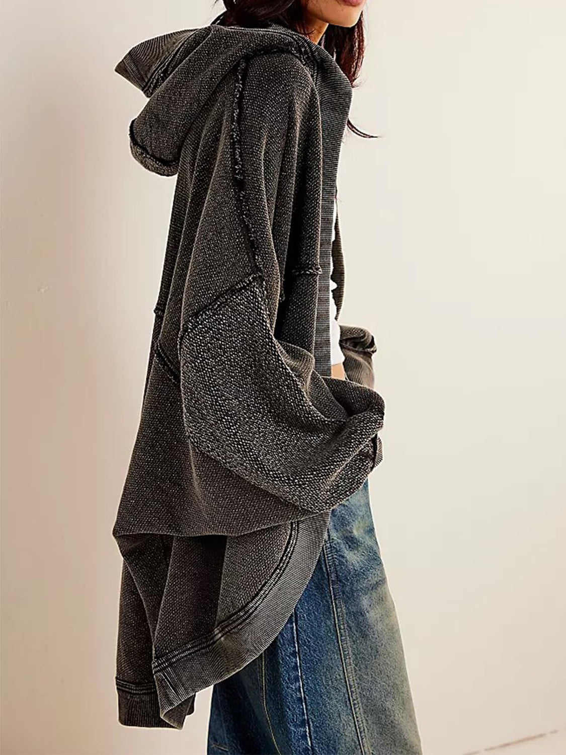 Exposed Seam Open Front Batwing Sleeve Hooded Cardigan Trendsi