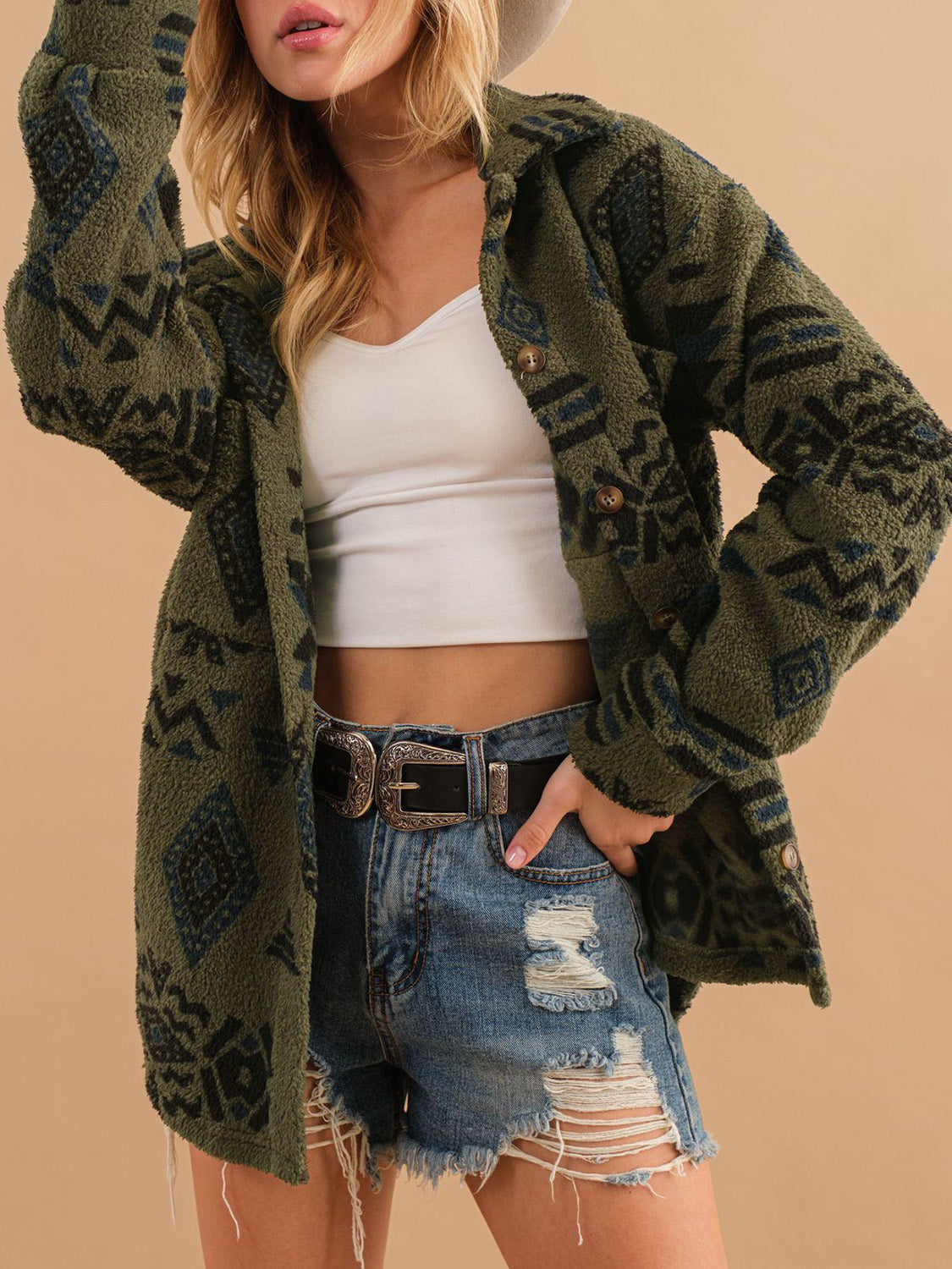 Geometric Button Up Long Sleeve Sherpa Jacket Trendsi