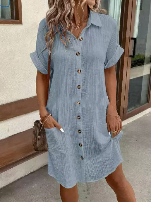 Summer Short Sleeve Shirt Dress Fashion Solid Color Single-breasted Mid-length Loose Dress ARZ