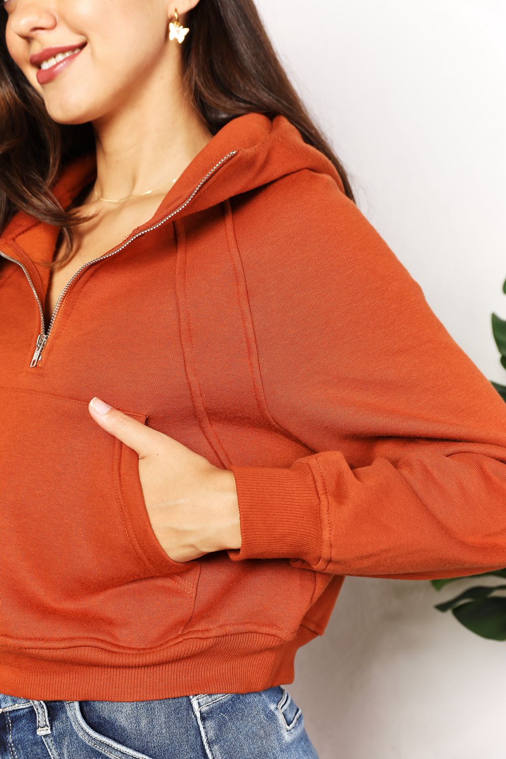 Double Take Half-Zip Long Sleeve Hoodie Trendsi